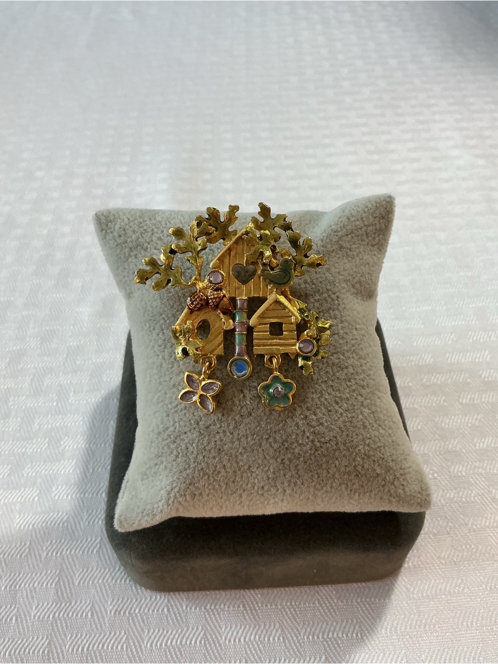 Kenneth Cole Vintage (1990s) Enamel Birdhouse Leaf Dangle Gold Tone Brooch